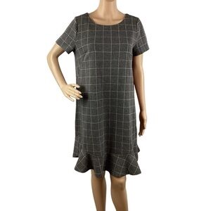 LOFT Gray Windowpane Plaid Ruffle Hem Shift Dress Size 8